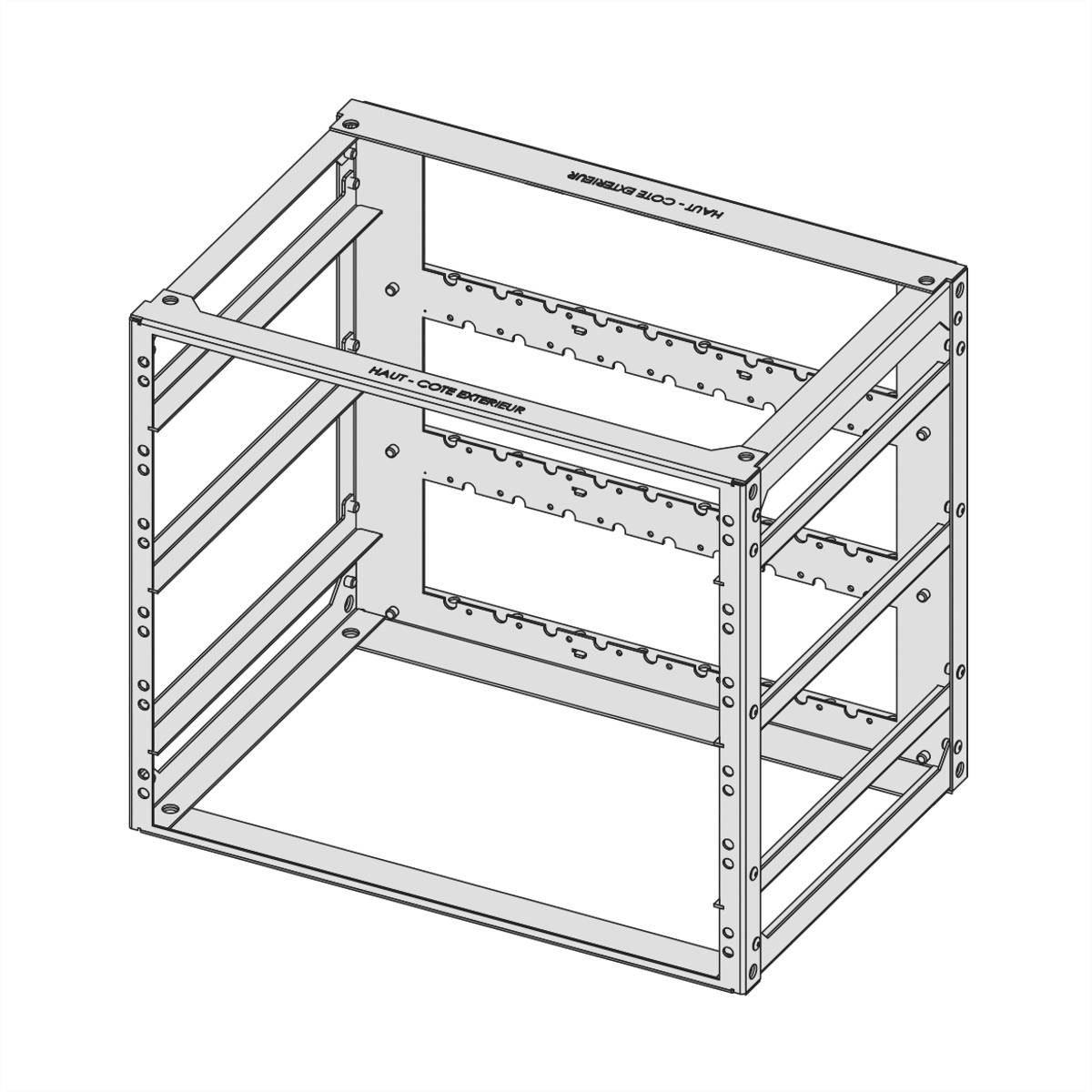 Ein 3D-Diagramm eines Metallrahmens für den Einbau von Geräten. Der Rahmen hat mehrere Montageschienen und stabile Ecken.
