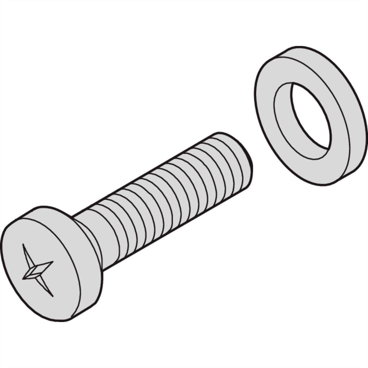 Schraube mit einem Schlitzkopf und eine Unterlegscheibe. Schraube ist länger und hat ein Gewinde; Unterlegscheibe ist kreisförmig und flach.