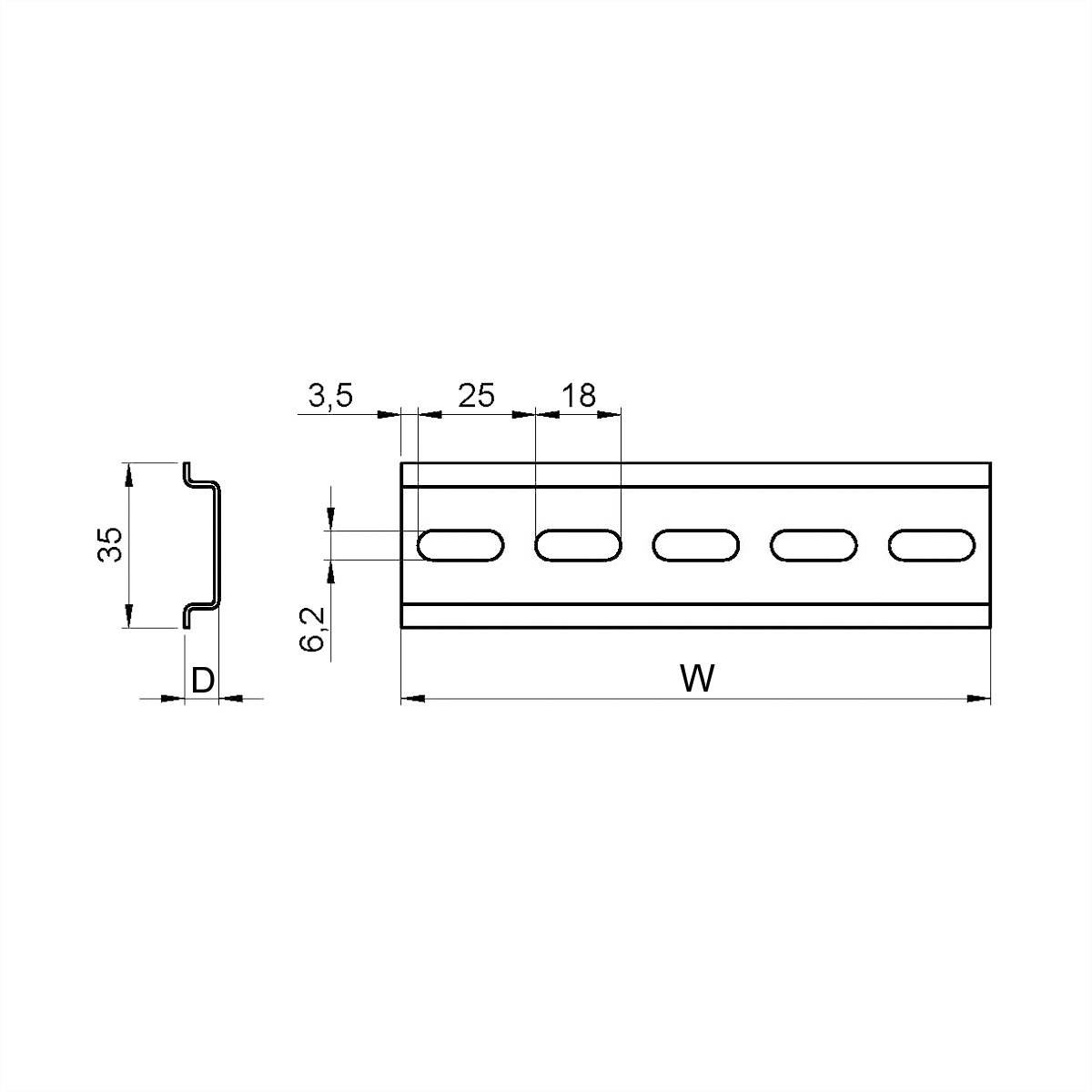 Technische Zeichnung einer Metallprofil-Schiene mit Maßen: Höhe 35 mm, Breite (W) variabel, Tiefe (D) variabel. Enthält Lochmuster und Abstandsmaße.