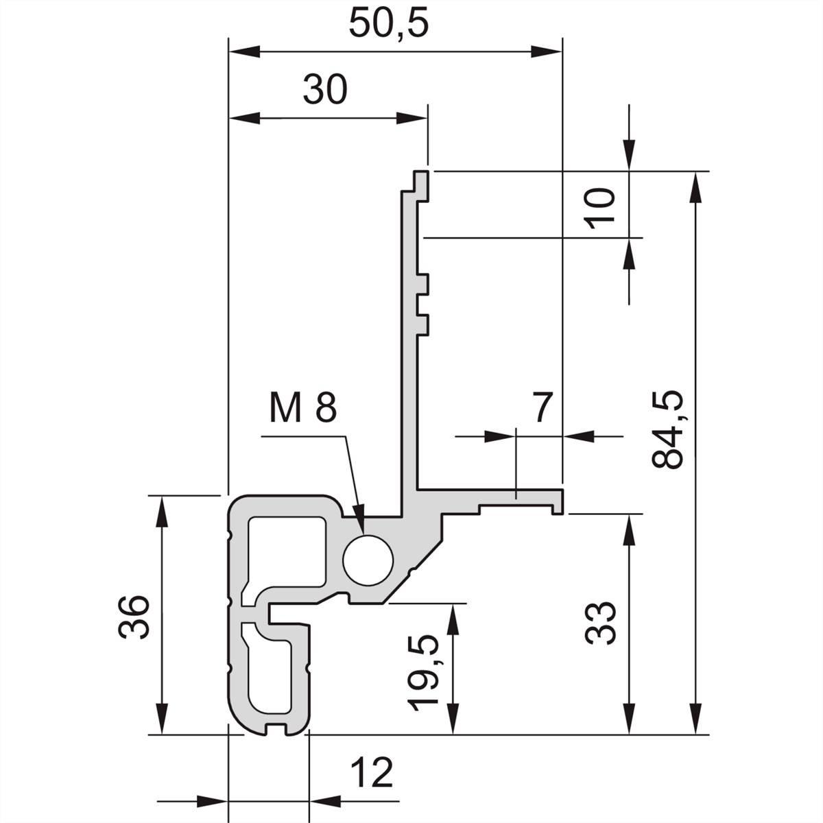 Technische Zeichnung eines Profils mit Maßen: Breite 50,5 mm, Höhe 84,5 mm, diverse Innendetails und Schraubenloch M8 markiert.