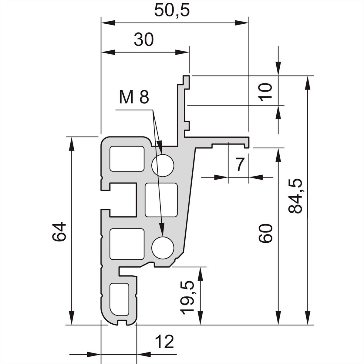 Technische Zeichnung eines Aluminiumprofils mit Maßangaben in Millimetern: 50,5 Breite, 84,5 Höhe, Loch M8, diverse Tiefenmaße.