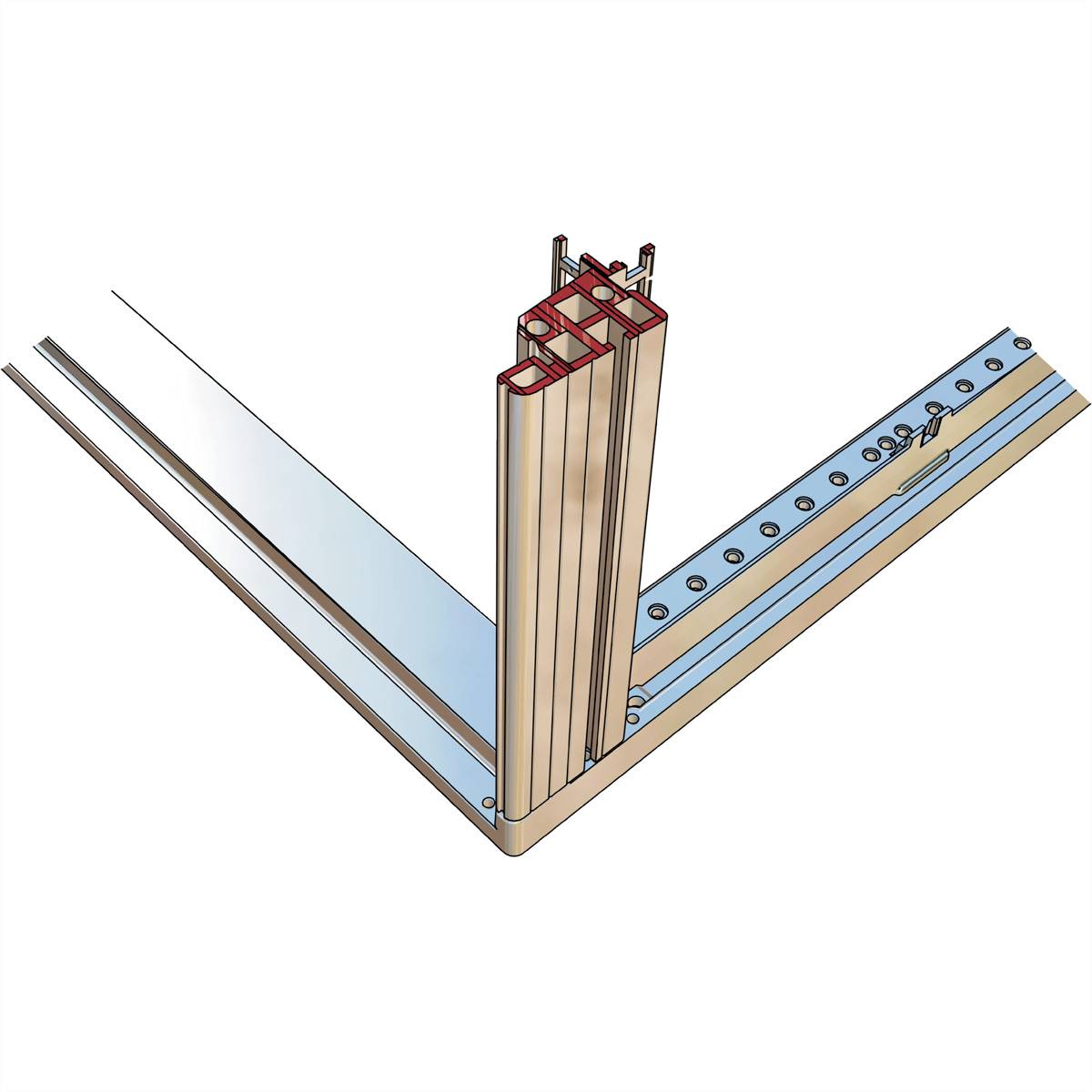 Querschnitt eines Fensterrahmens aus Aluminium und Kunststoff. Zeigt Befestigungspunkte und Isolierkammern.