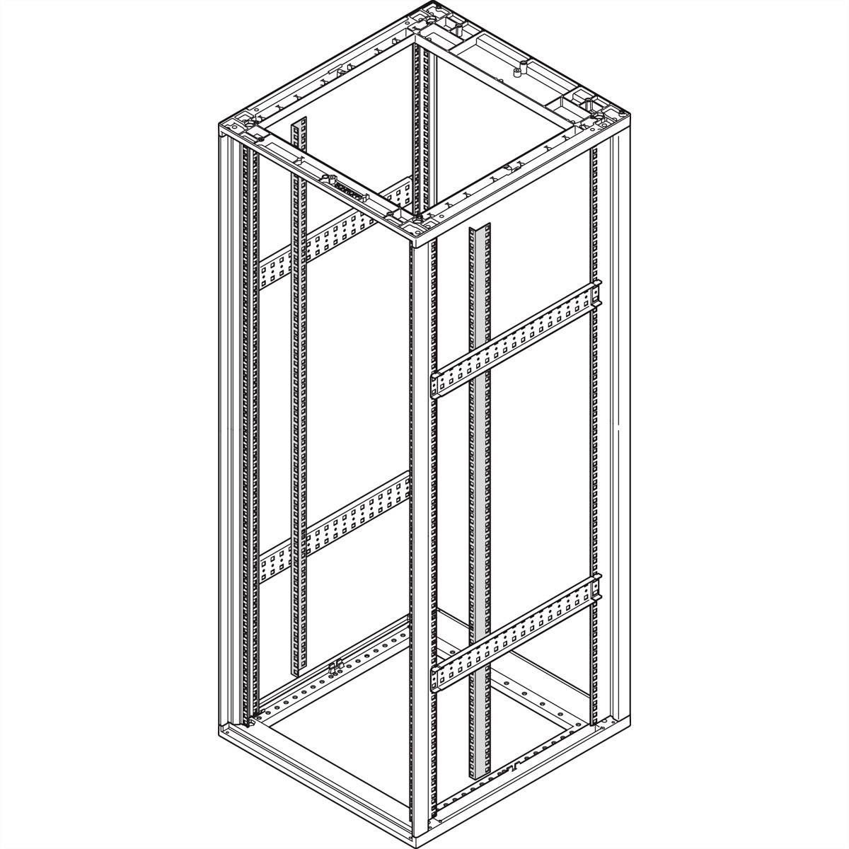 Metallschrankrahmen mit mehreren vertikalen und horizontalen Streben, zeigt die Struktur eines großen, offenen Gehäuses.