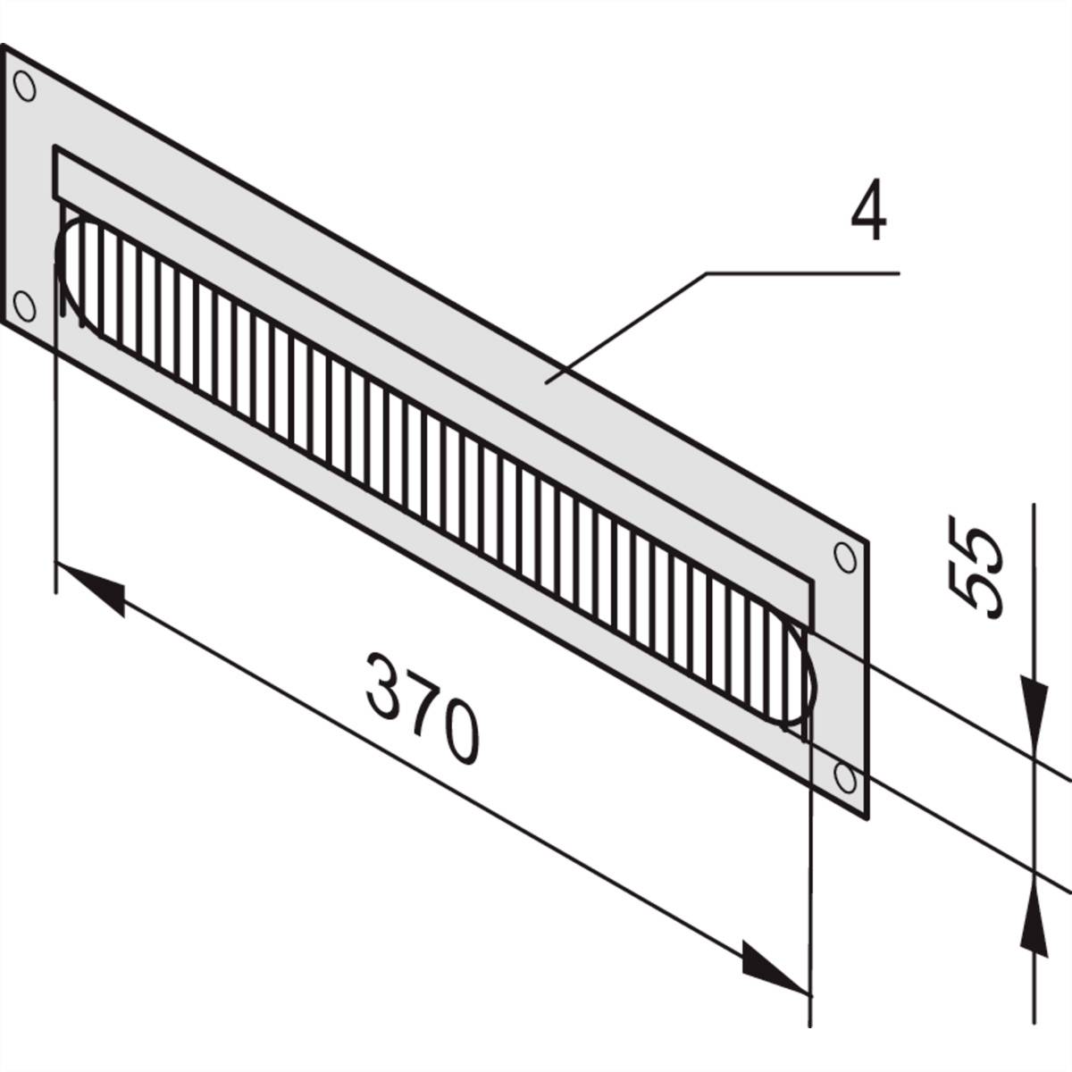 Diagramm einer rechteckigen Entlüftungsgitterabdeckung mit den Maßen 370 x 55 mm. Zeigt eingezogene Lüftungsschlitze und Bohrlöcher.