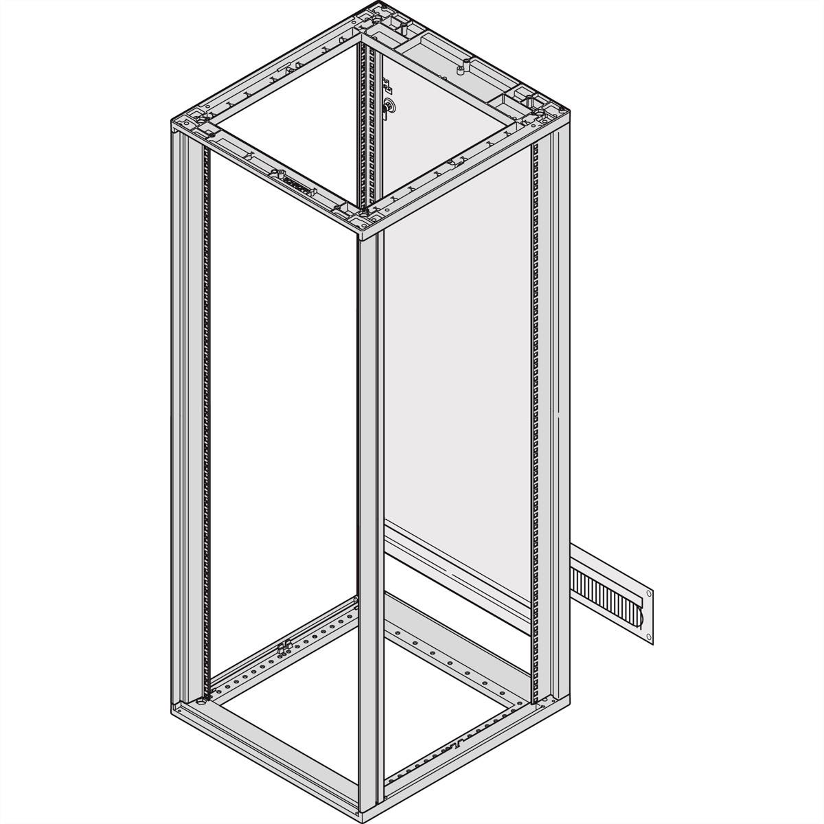 Ein technisches Diagramm eines offenen Serverracks mit rechteckigem Rahmen, Seitenansicht. Keine Geräte oder Kabel sichtbar.