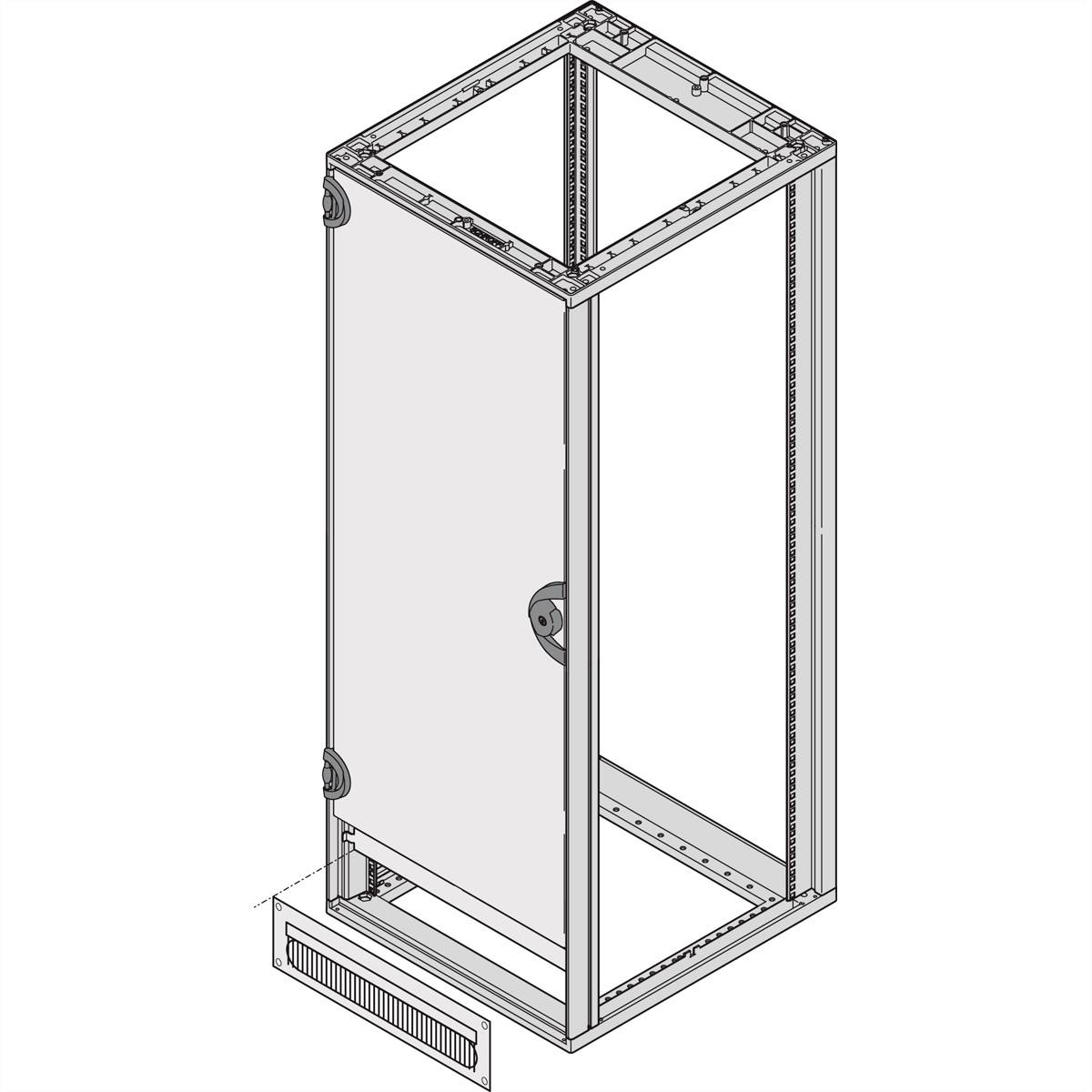 Industriegehäuse ohne Tür und mit offener Seitenwand, zeigt das interne Rahmengerüst und Lüftungsgitter am Boden.
