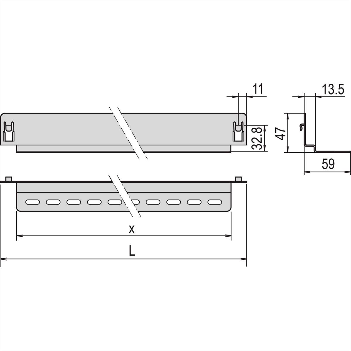 Technische Zeichnung eines Bauteils mit Maßen: Breite 11 mm, Höhe 47 mm, Länge 'X', Gesamthöhe 59 mm. Seiten- und Vorderansicht.