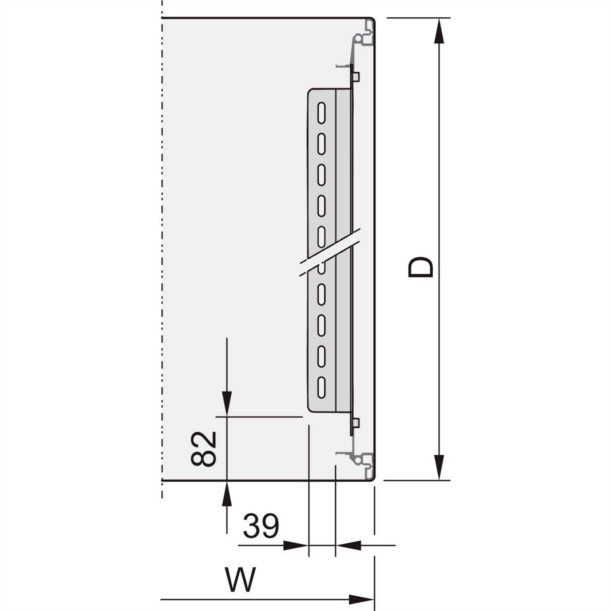 Zeichnung eines technischen Profils mit Beschriftungen der Maße. Die Höhe ist mit 'D', die Breite mit 'W' und wird von einem Pfeil als 39 mm angegeben.