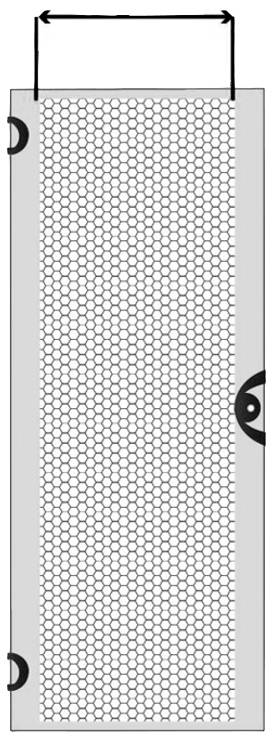 Diagramm eines vertikal angeordneten, rechteckigen Gitters mit drei runden Drehschlössern und einem Doppelpfeil oben zur Anzeige der Breite.