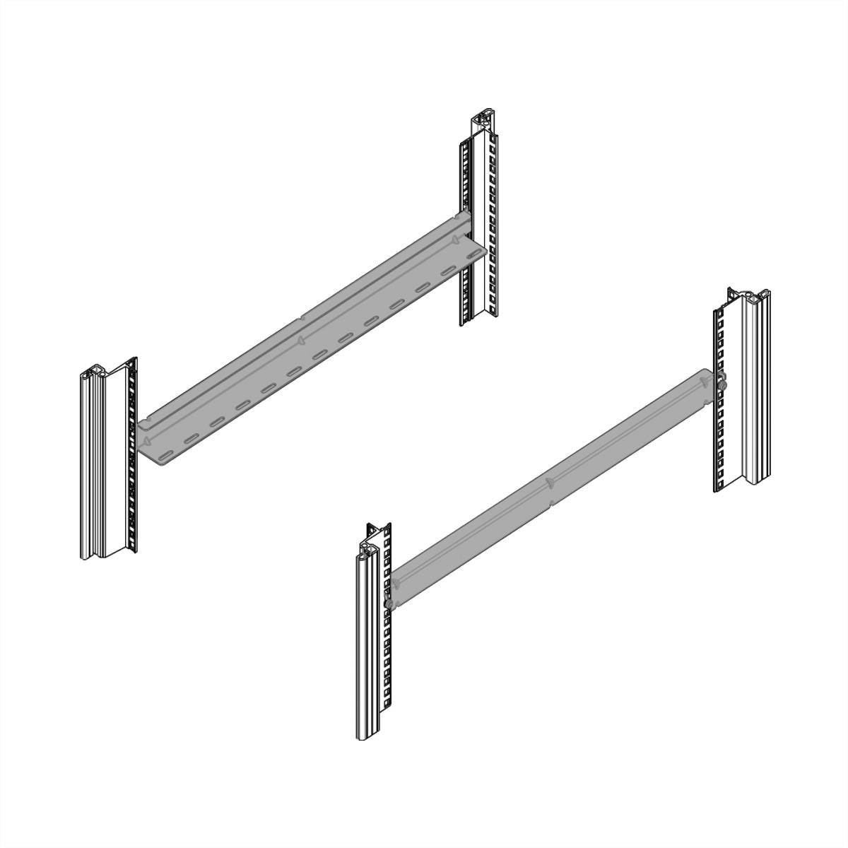 Eine technische Zeichnung zeigt zwei parallele, vertikal ausgerichtete Metallschienen, verbunden durch horizontal befestigte Querträger.
