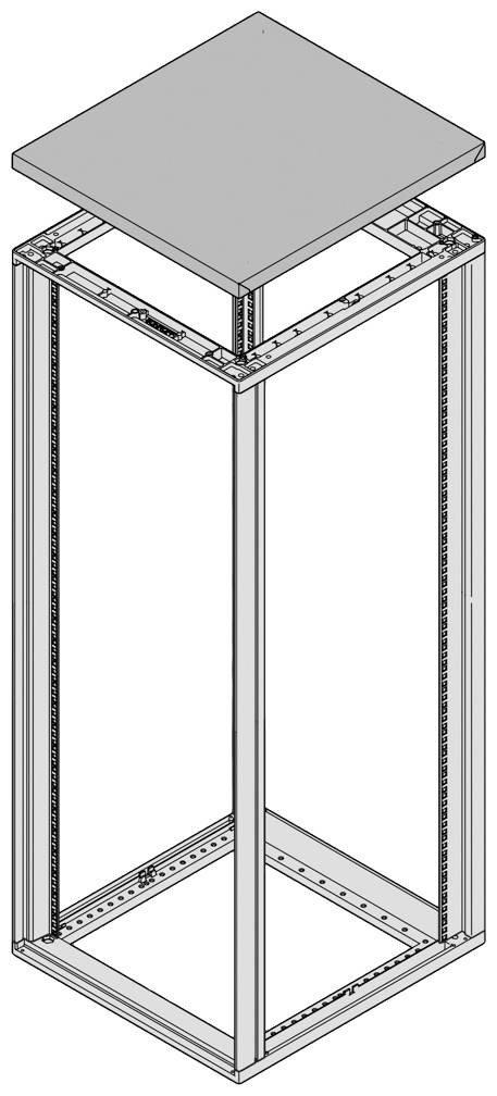 Metallrahmenstruktur eines Serverracks mit quadratischer Deckplatte, ohne Türen oder Fächer, auf weißem Hintergrund.