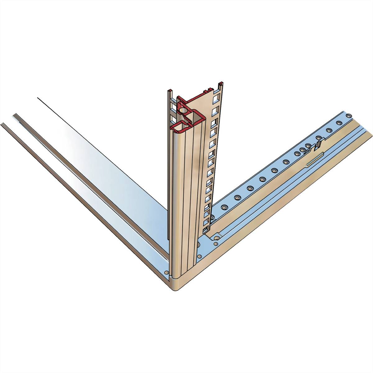 Eckverbindung zweier Metallprofile mit integrierten Schlitzen und Schraubenlöchern, die eine Rahmenkonstruktion in 90-Grad-Winkel darstellen.