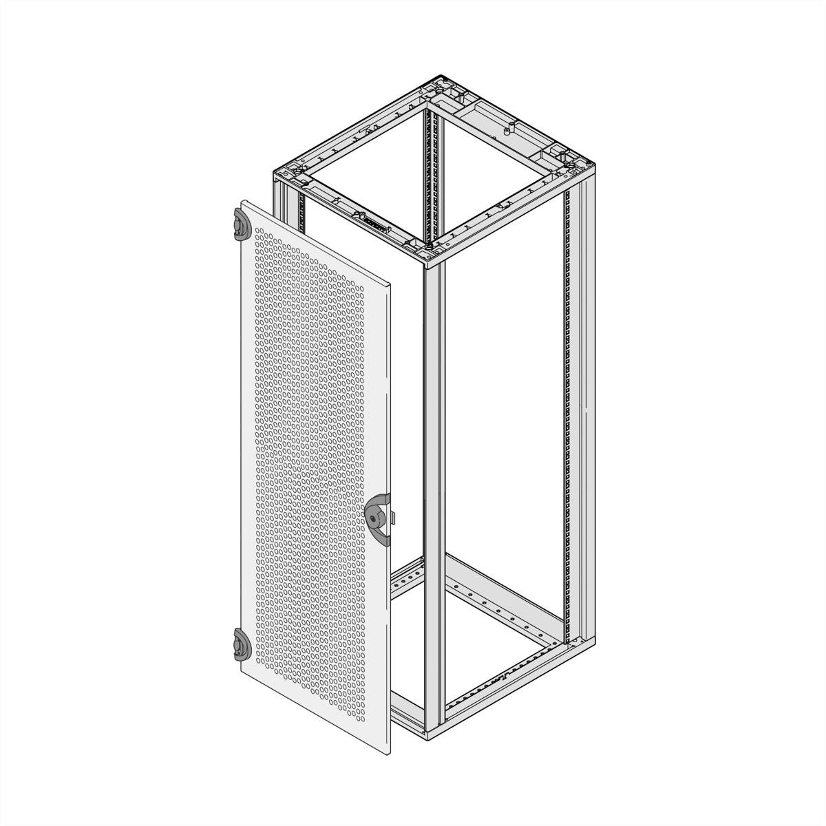 Ein Metallrahmen-Rack mit offener Fronttür, geeignet zur Aufnahme von Netzwerk- oder Serverausrüstung.