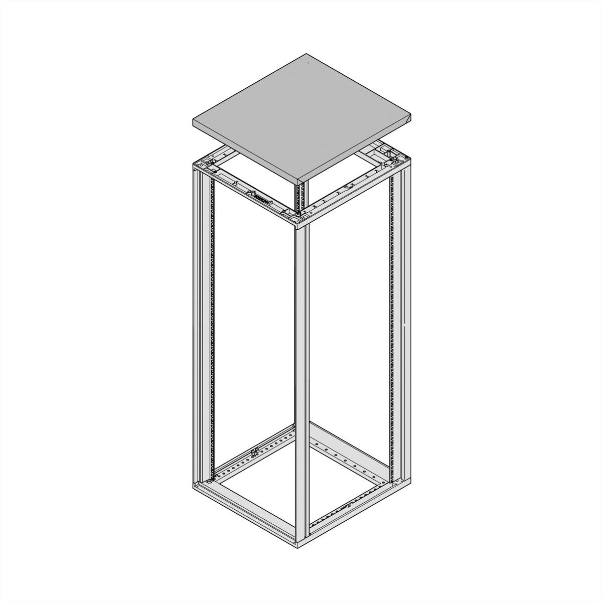 Ein quadratisches Gestell aus Metall mit vier vertikalen Stützen und einer oberen Abdeckung. Es scheint sich um eine Art Rahmen oder Ständer zu handeln.
