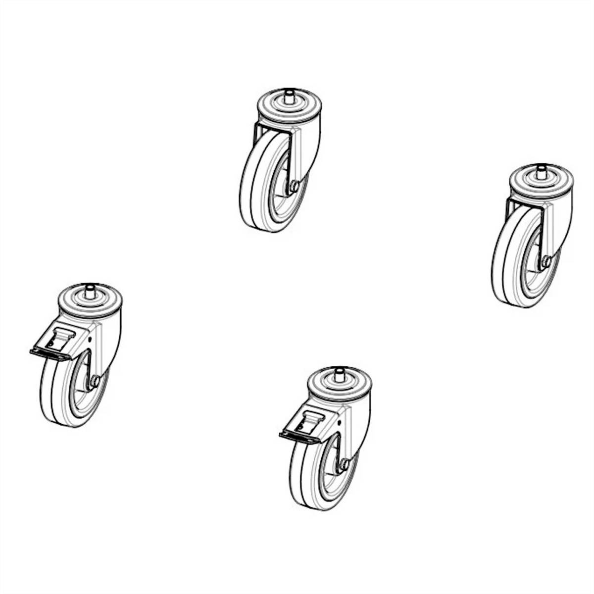 Vier technische Zeichnungen von Laufrollen, jede mit Rotations- und Schwenkmechanismus, gleichmäßig im Bild verteilt.