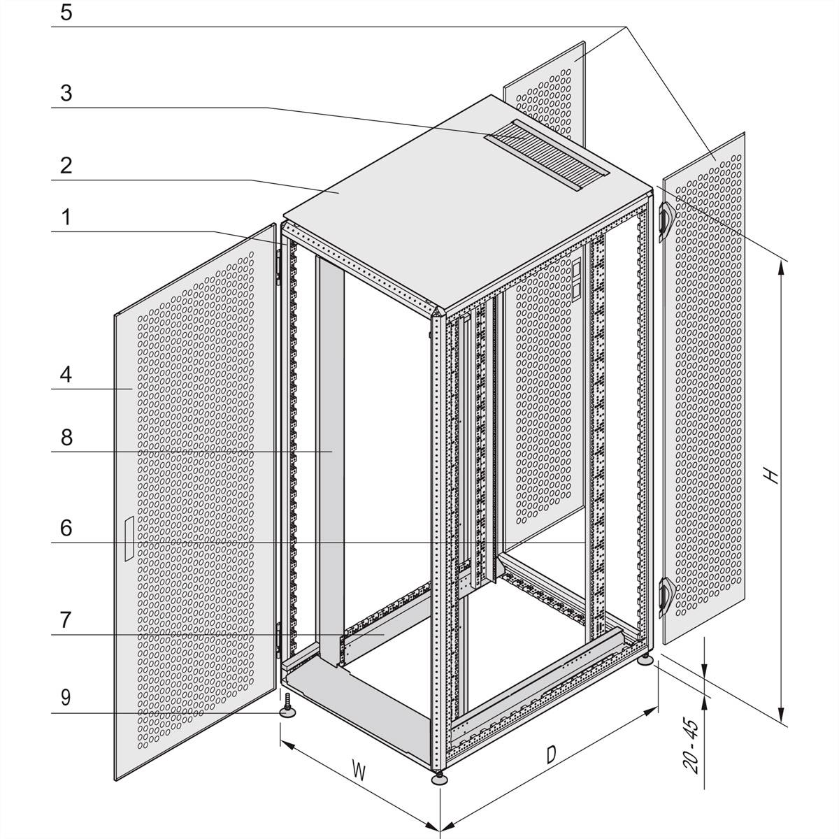 Technische Zeichnung eines Netzwerk-Racks mit geöffneter Tür. Beschriftungen zeigen Teile wie Deckel, Türen und Standfüße. Maße: Höhe (H), Breite (W), Tiefe (D).
