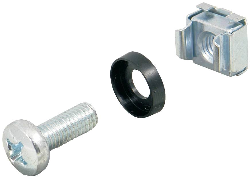 Metallschraube, Kunststoffring und Halterungsclip für Montageanwendungen.