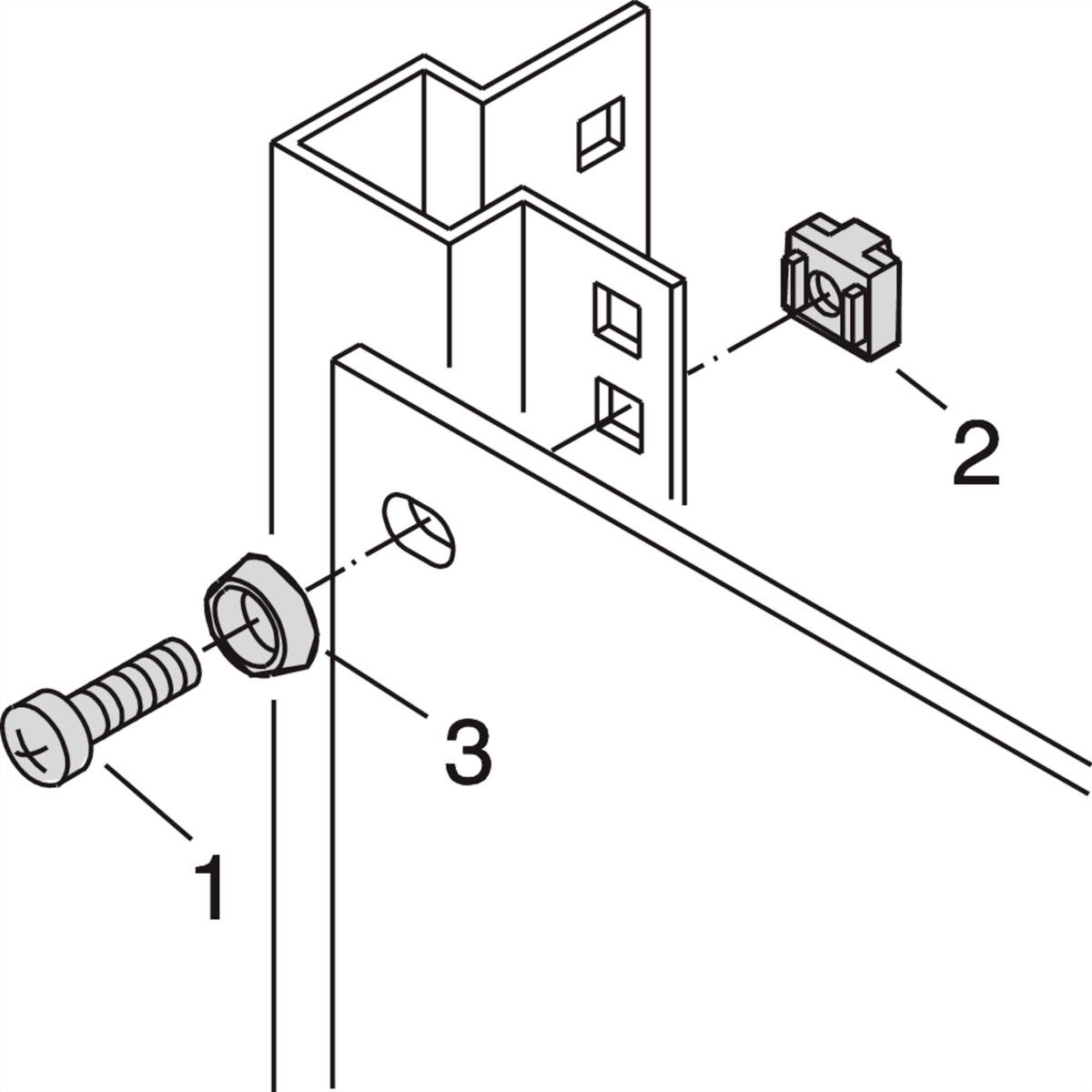 Illustration zeigt die Montage eines Metallrahmens: 1. Schraube, 2. Plastikteil, 3. Metallteil mit Loch.
