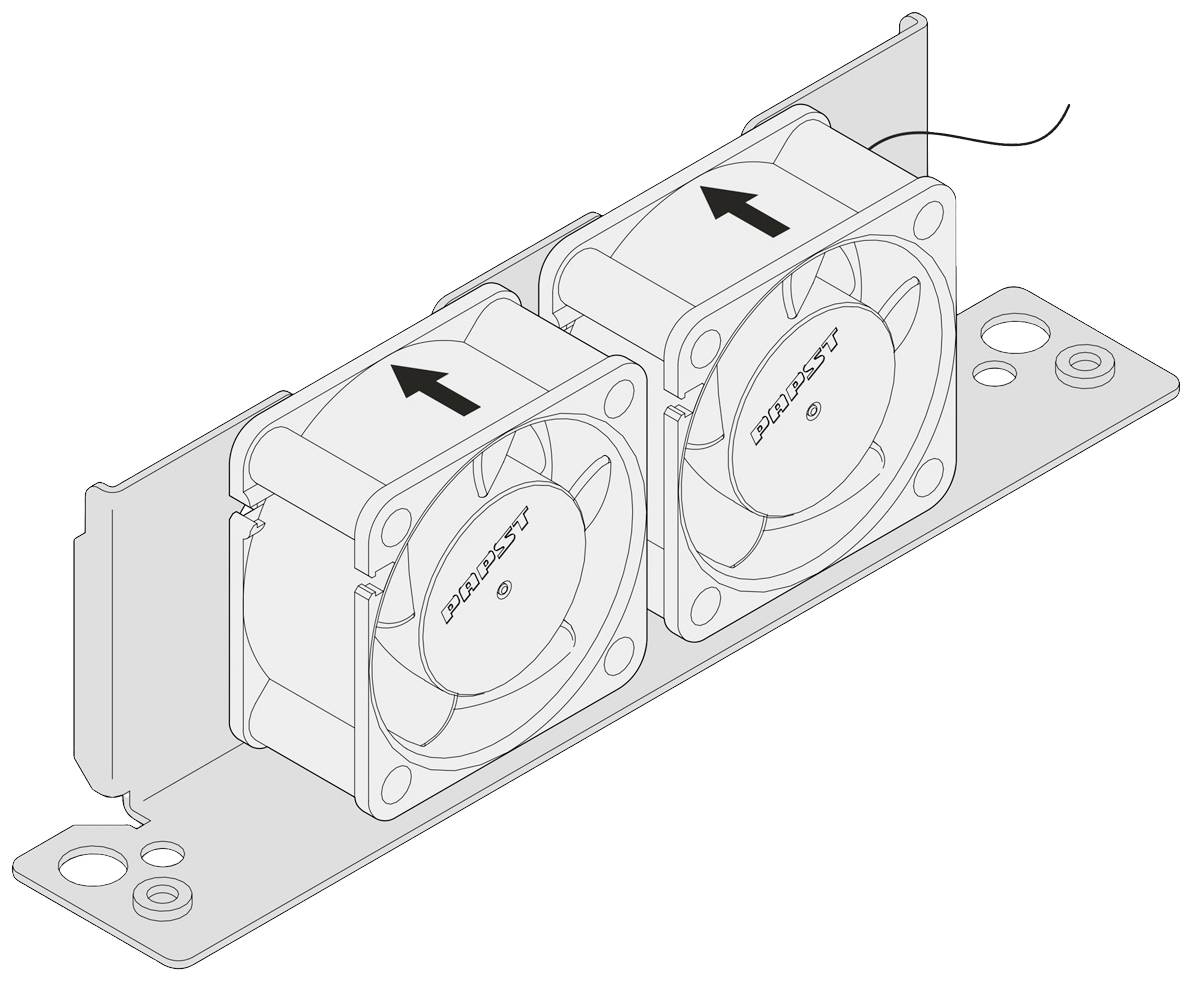 Lüfteranlage: Zwei Ventilatoren nebeneinander auf einer Halterung, mit Pfeilen für Luftstromrichtung.