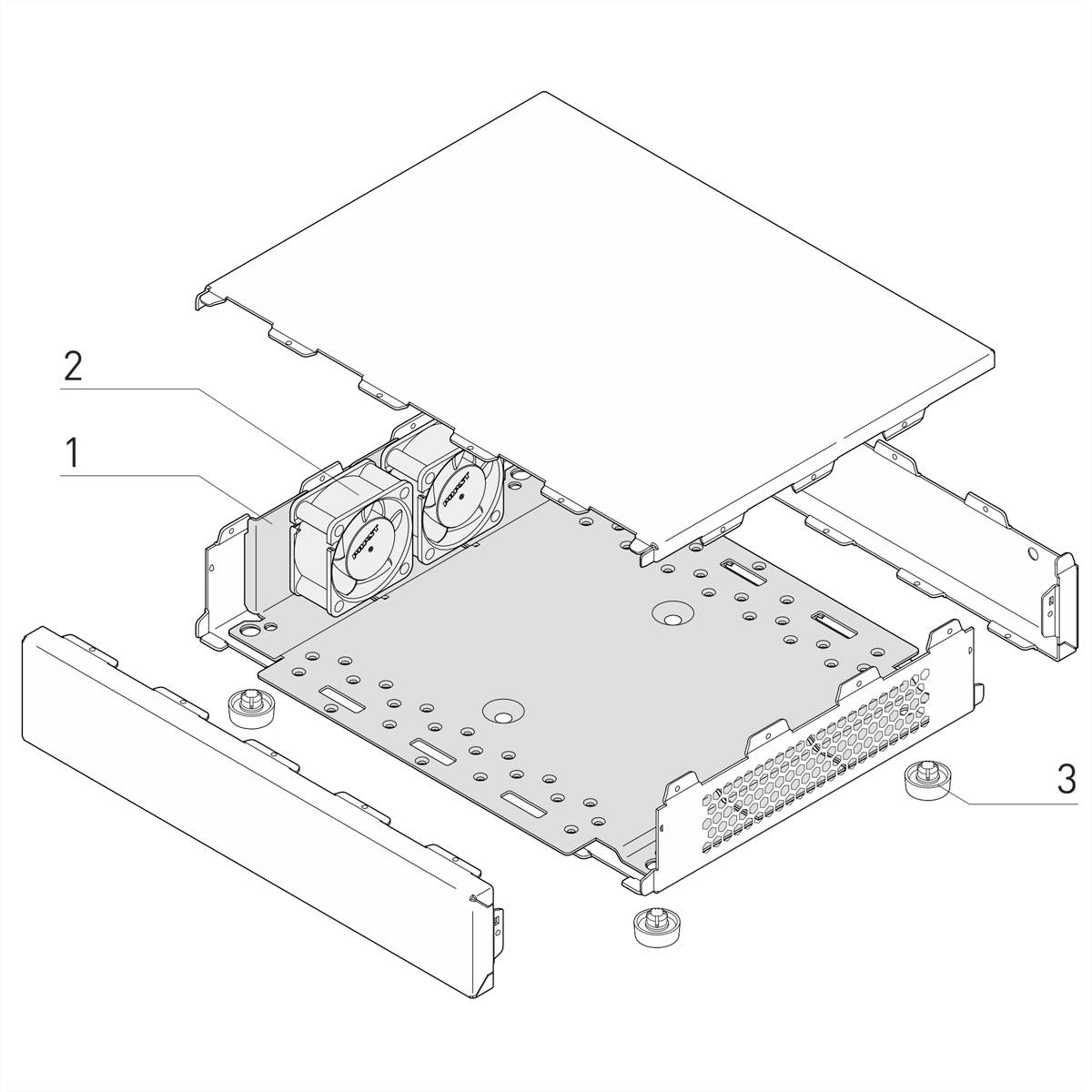 Explosionszeichnung eines Elektromoduls mit abnehmbarem Deckel (2), Gehäuse (1) mit zwei Lüftern, und Befestigungsschrauben (3).