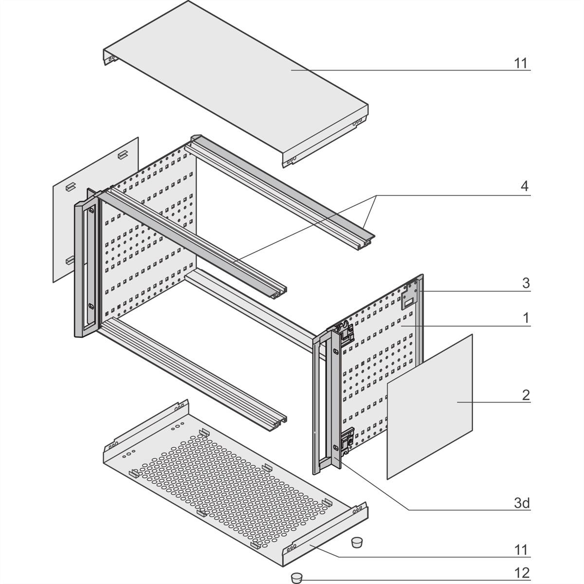 Explosionsdiagramm einer Montageanleitung: Gehäusebauteile mit Nummern gekennzeichnet. Zeigt, wie die Teile zusammengefügt werden.