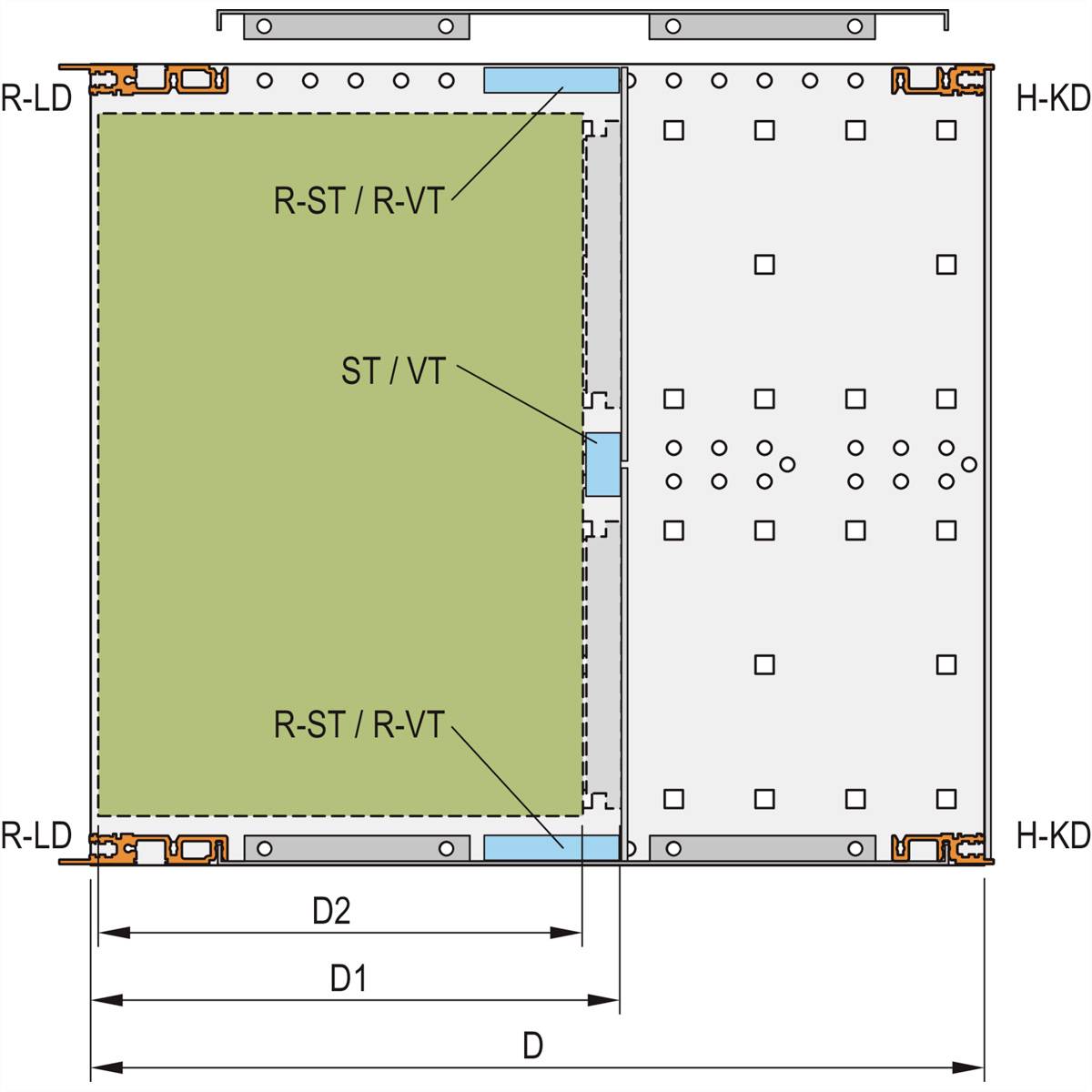 Grundriss einer rechteckigen Struktur mit Bereichen 'R-ST / R-VT' und 'ST / VT', umgeben von Wänden, markiert mit 'R-LD', 'H-KD'.