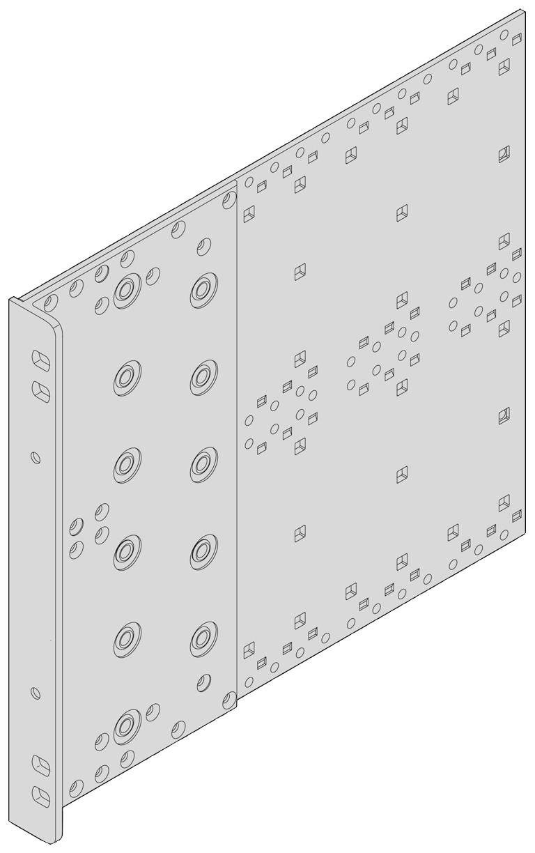 Diagramm eines rechteckigen Bauteils mit Bohrungen und Verankerungspunkten. Zeigt die Struktur und Montagemöglichkeiten einer Metallplatte.