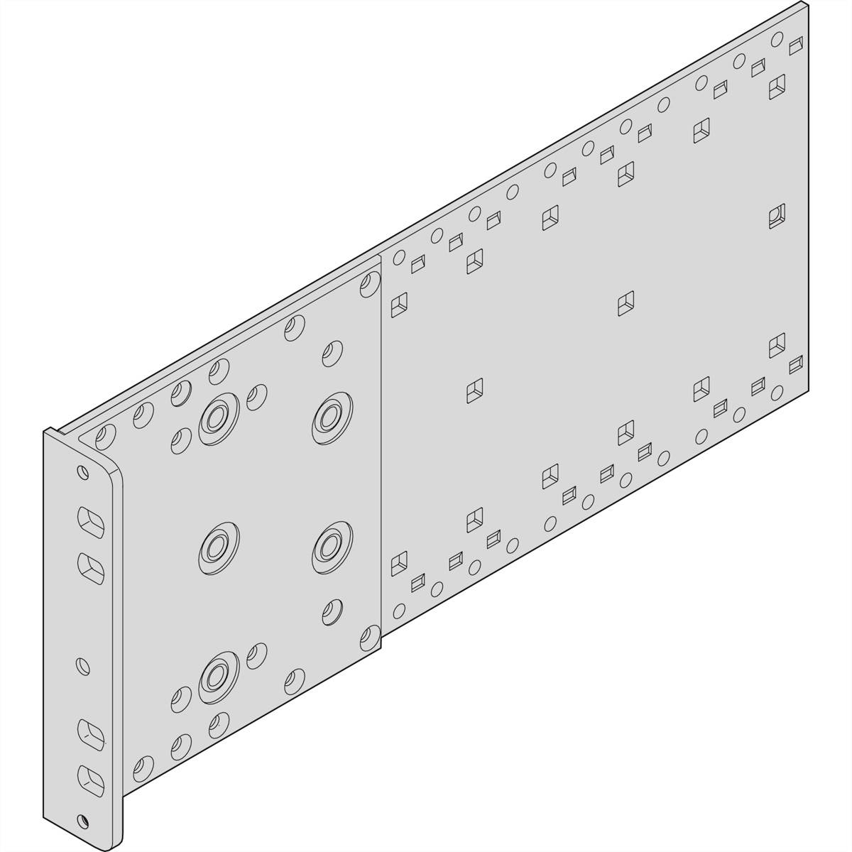 Metallverbinder mit zahlreichen Löchern und Schraubpunkten zur strukturellen Verstärkung, geeignet für verschiedene Bauanwendungen.