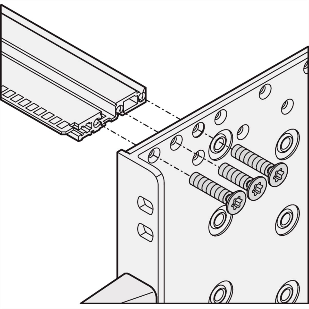 Illustration eines Metallprofils, das mit Schrauben an einer Halterung befestigt wird, mit Blick auf Schraubenlöcher und Führungsschienen.
