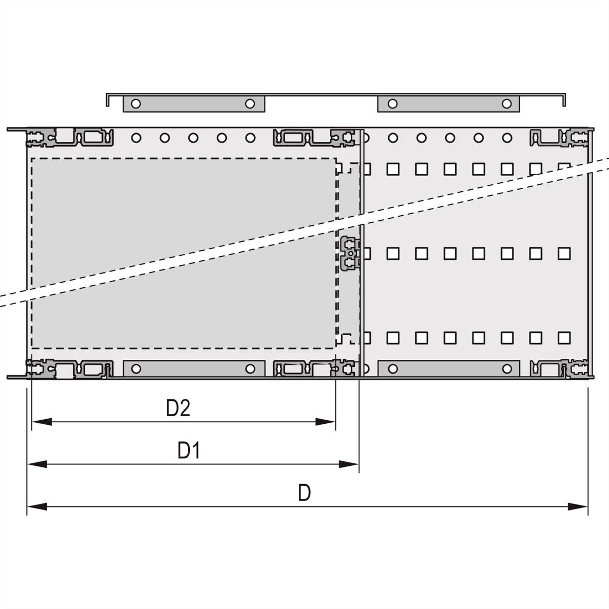 Technische Zeichnung eines rechteckigen Teils mit den Maßen D, D1 und D2. Detailansicht mit Punkten und Linien, die Verbindungen darstellen.
