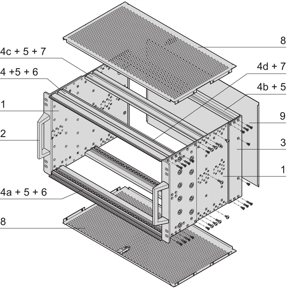 Explosionszeichnung eines elektronischen Gerätegehäuses, zeigt nummerierte Teile und Schrauben zur Montage. Hauptkomponenten sind Wände, Boden und Deckel.