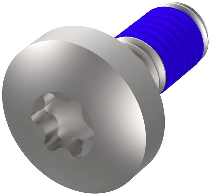 Torx-Schraube mit blauem Gewinde. Hauptsächlich aus Metall, geeignet für Maschinen und technische Anwendungen.