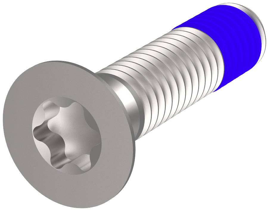 Silberne, metallische Schraube mit blauem Gewindeabschnitt am Ende.