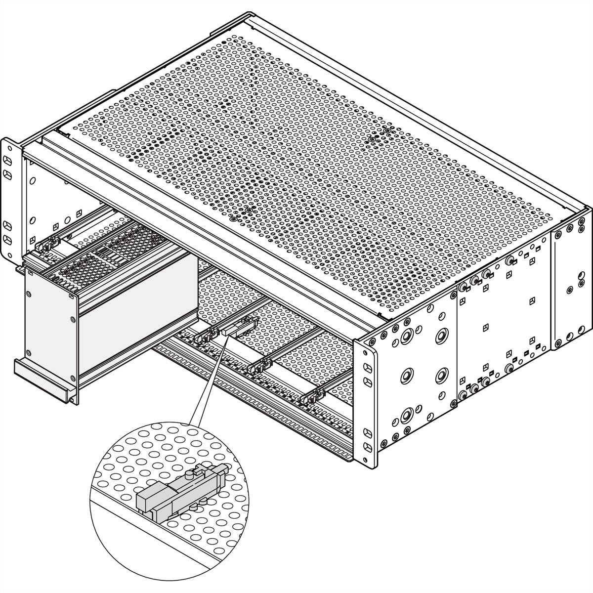 Abbildung eines geöffneten Elektronikgehäuses mit herausgezogenem Einschub und vergrößertem Detailbild eines Anschlusses.