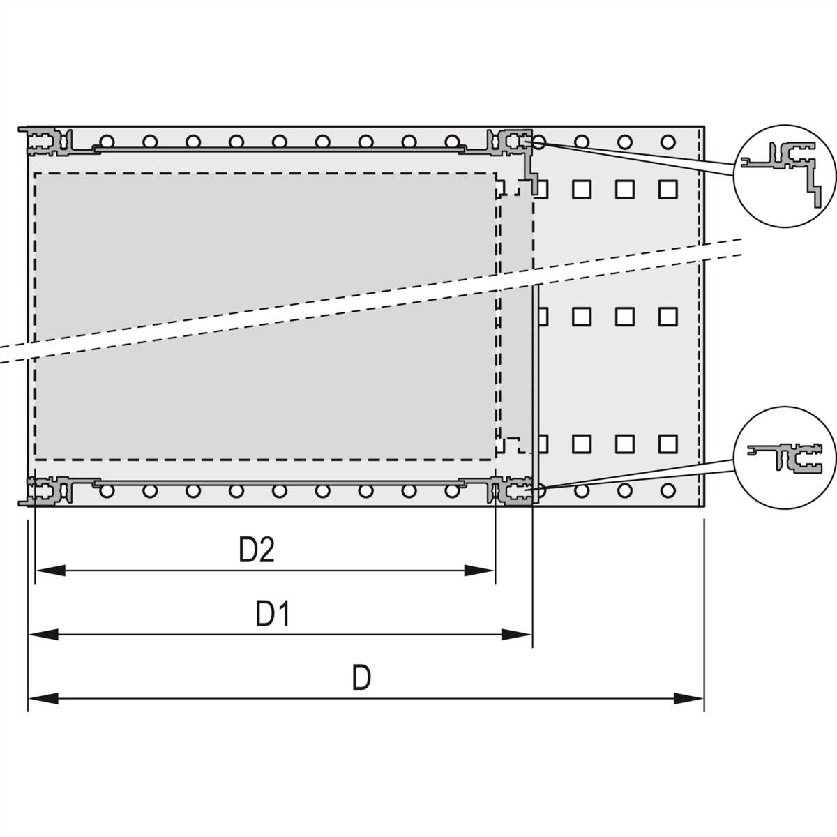 Technische Zeichnung eines rechteckigen Lüftungskanals mit detaillierten Bemaßungen D und D1/D2; zeigt Innenstrukturen und Verbindungspunkte.