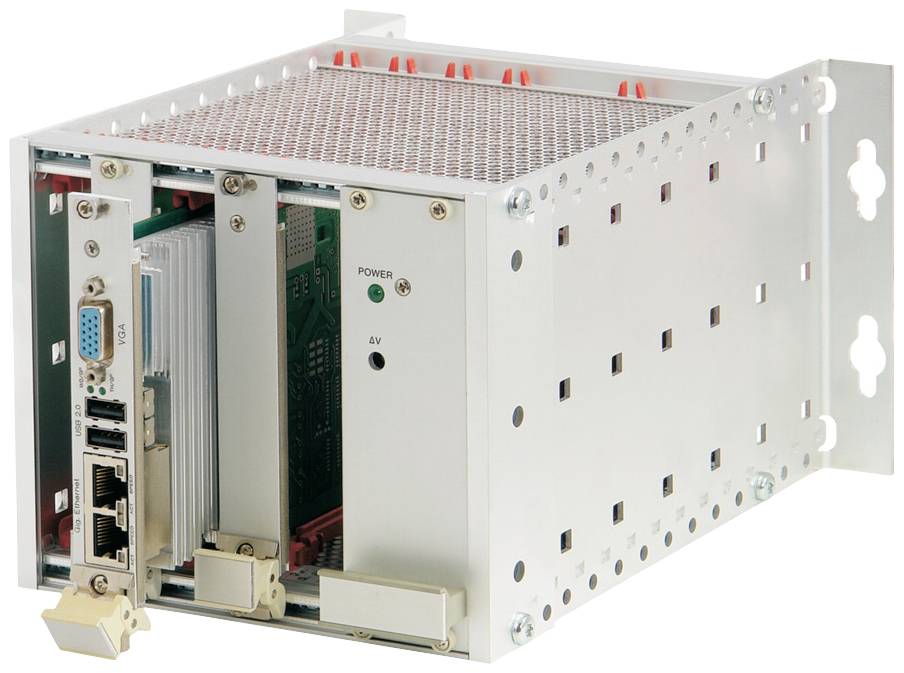 Ein metallisches Elektronikgehäuse mit mehreren Steckkarten und Anschlussmöglichkeiten, darunter Netzwerk- und VGA-Anschlüsse.