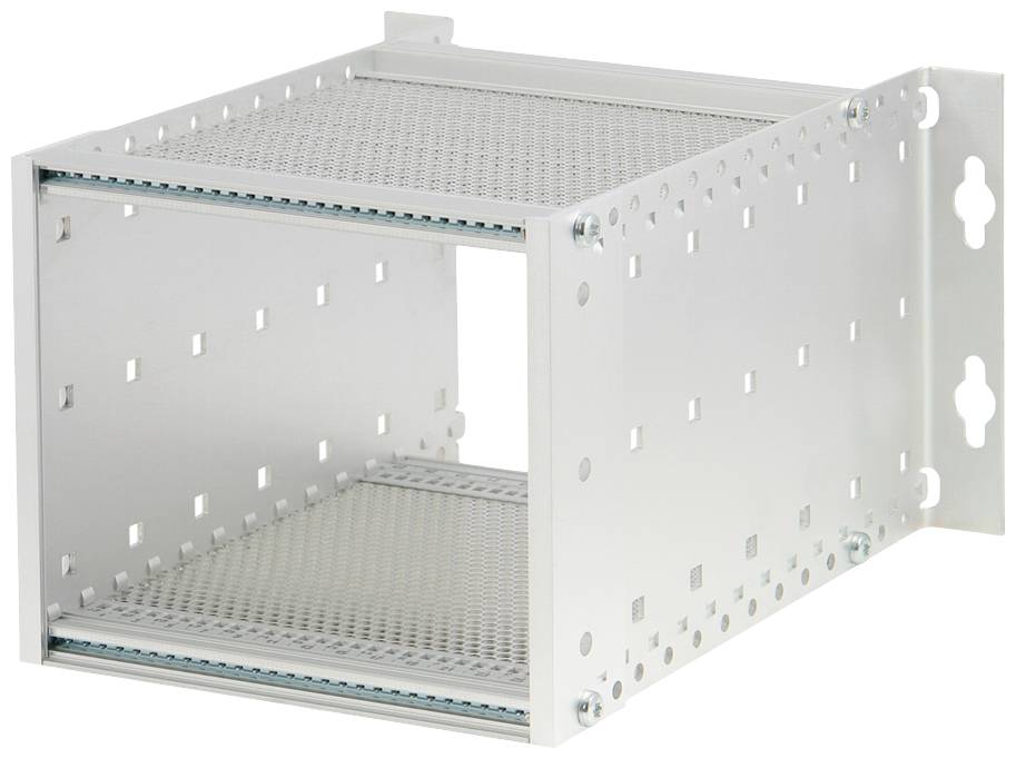 Metallrahmen mit rechteckiger Form, offen an Vorder- und Rückseite. Geeignet für den Einbau von elektronischen Geräten.