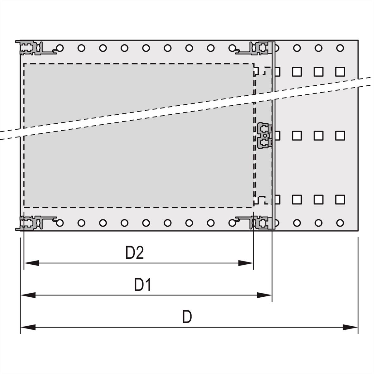 Technische Zeichnung eines Metallverbindungsstücks mit den Längenmarkierungen 'D2', 'D1' und 'D'. Schraubenlöcher sind sichtbar.