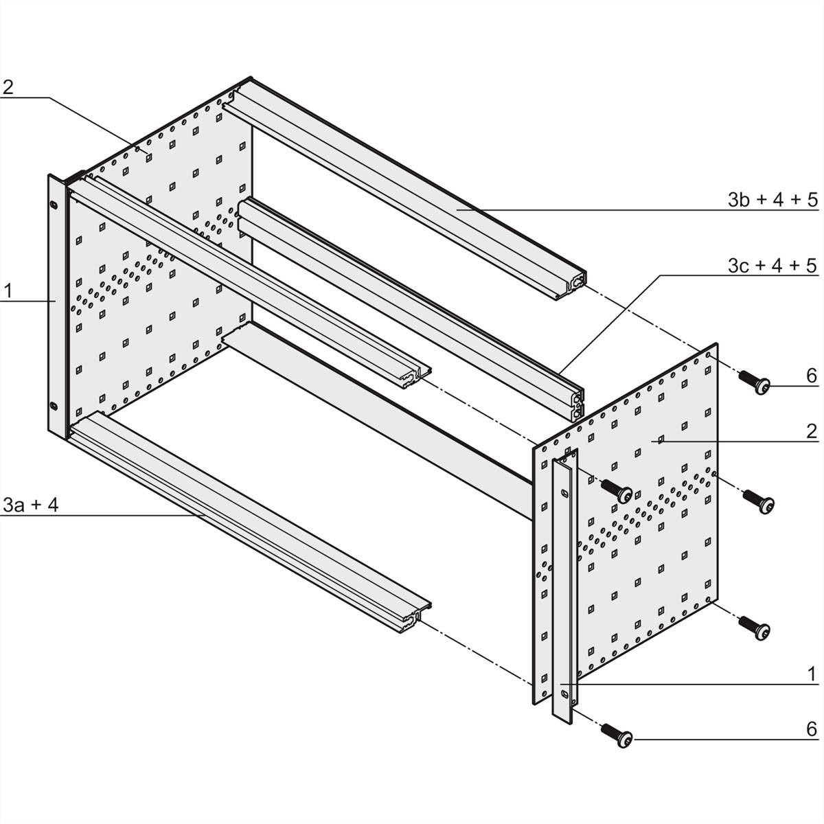 Explosionszeichnung eines modularen Schranksystems mit nummerierten Teilen und Komponenten, die die Montageanleitung darstellen.