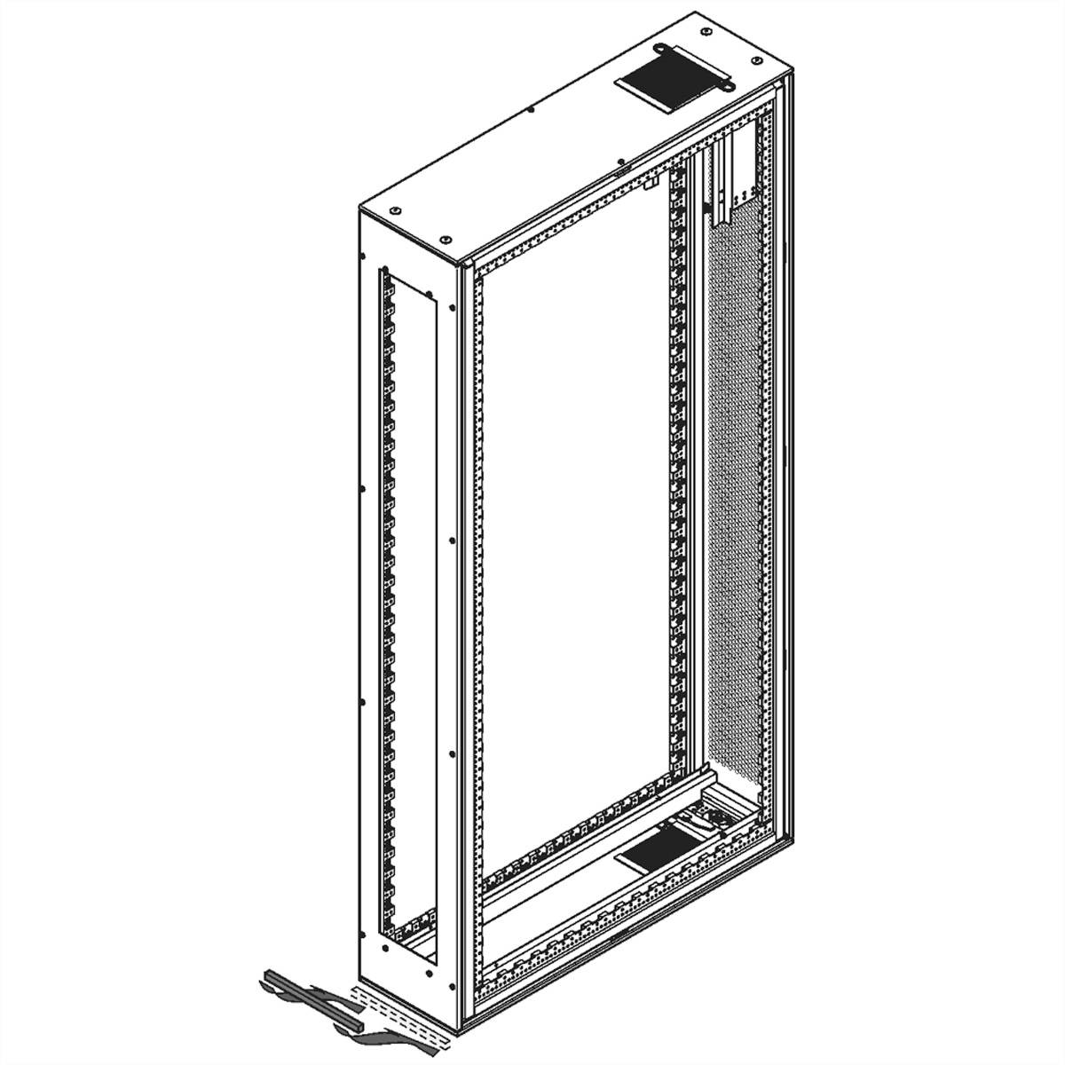 Technische Zeichnung eines Serverracks, perspektivische Ansicht. Rechteckige Struktur mit offenen Seiten für die Montage von Geräten.