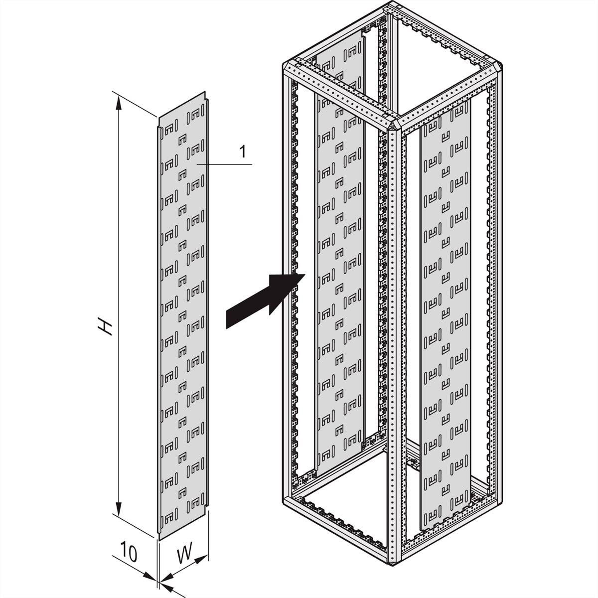 Diagramm eines rechteckigen Rahmens mit eingezeichneten Maßen 'H' und 'W'. Ein Pfeil zeigt auf die Seitenfläche, die Größe 1 hat.