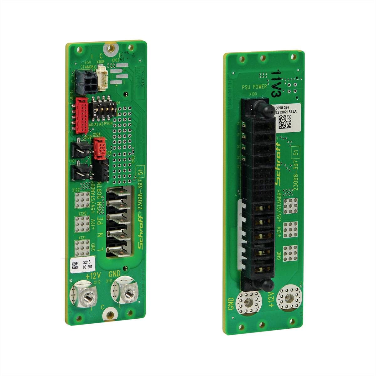 Zwei grüne elektronische Leiterplatten mit Anschlüssen und Beschriftungen an der Vorder- und Rückseite, vertikale Anordnung.