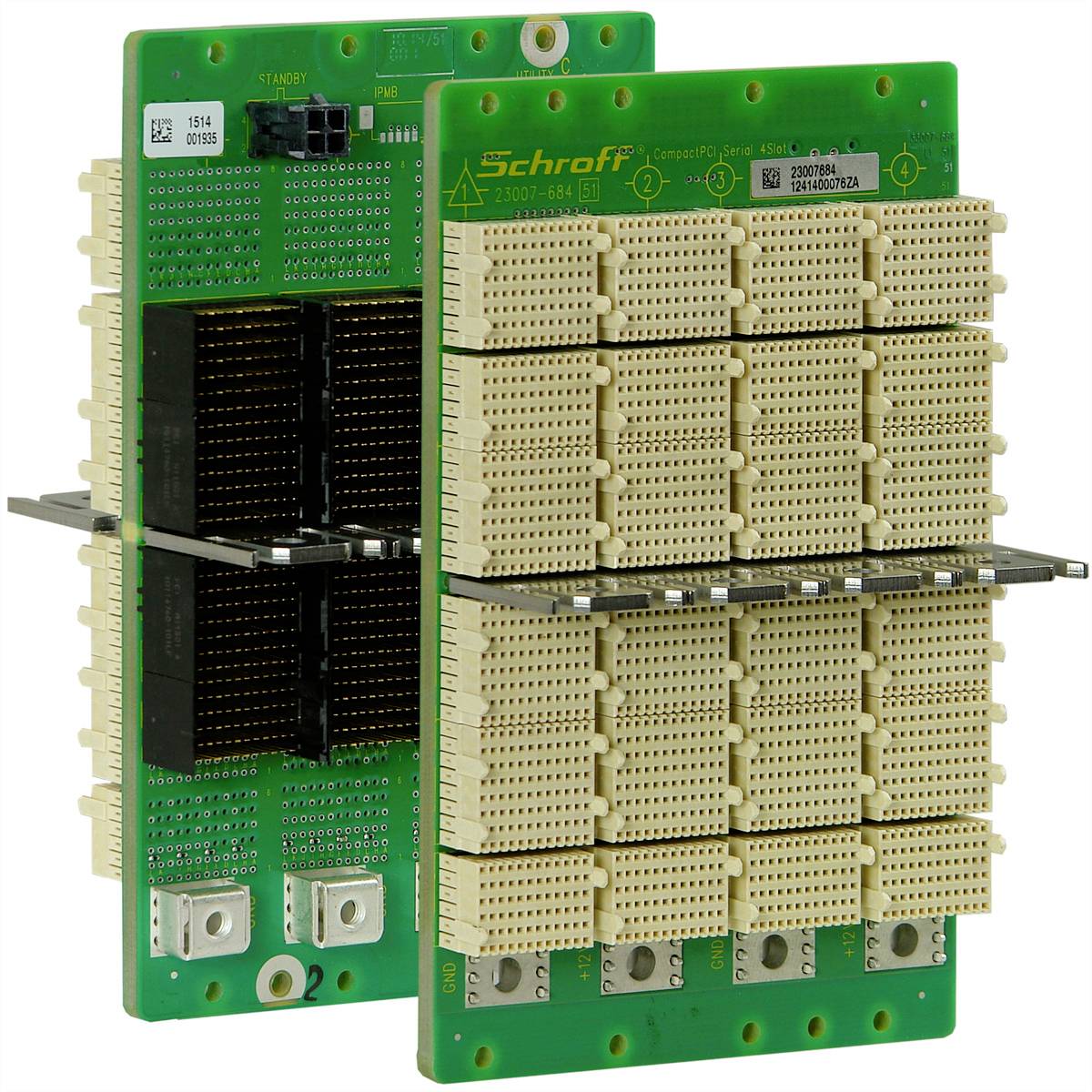 Grüne elektronische Platine mit mehreren Steckverbindungen und Aufschrift 'Schroff'. Hauptkomponenten und technische Details im Fokus.