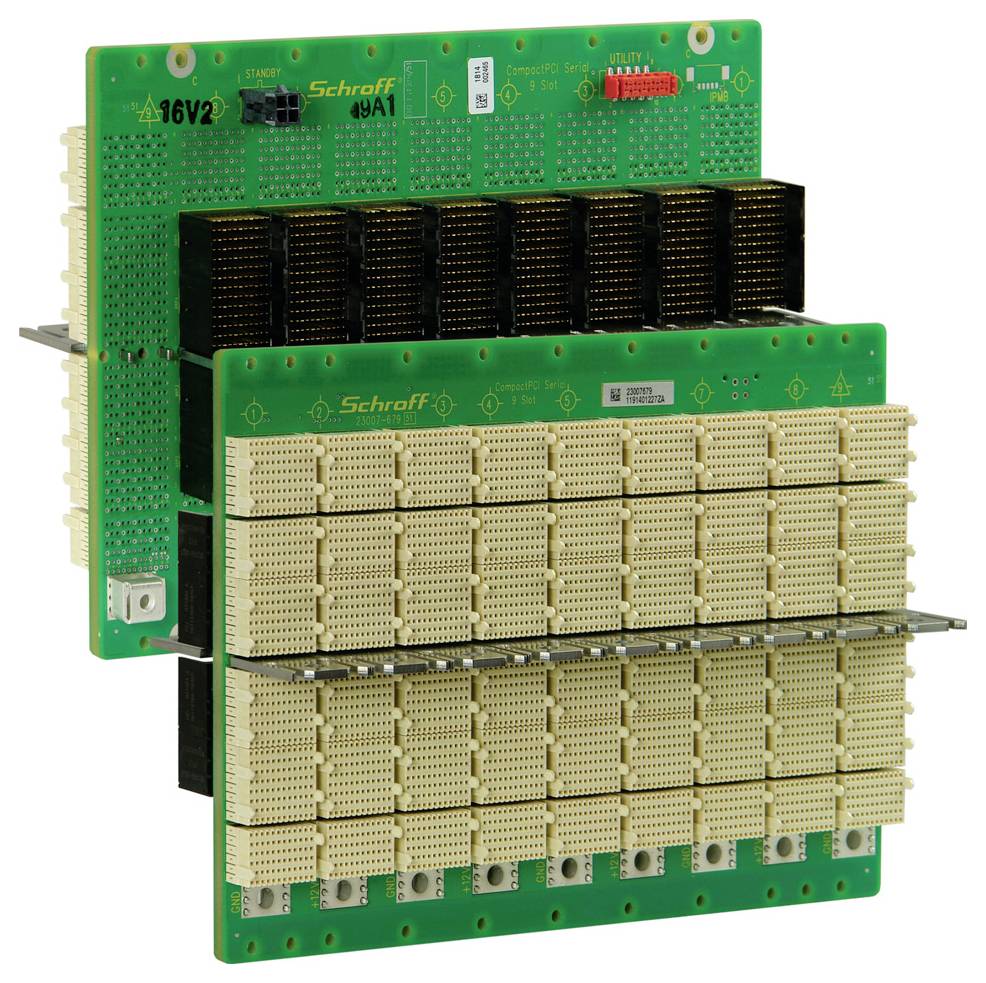 Eine grüne Leiterplatte mit mehreren Steckverbindungen und Komponenten auf beiden Seiten; zwei identische Schichten versetzt angeordnet.