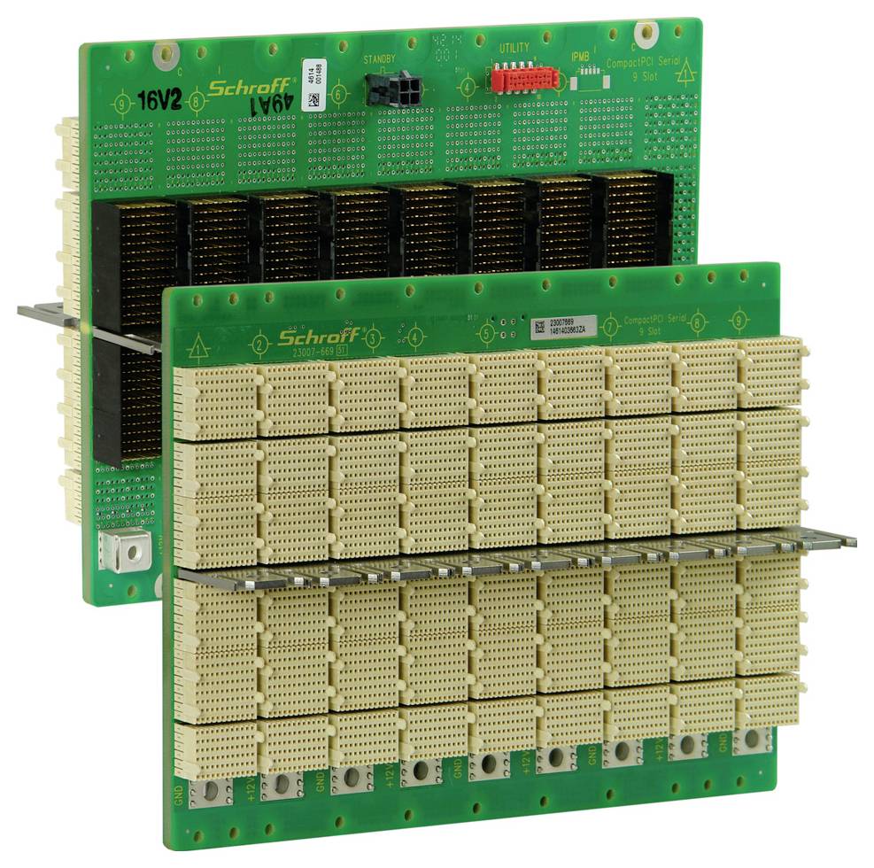 Leiterplatten mit mehreren Anschlüssen und Komponenten, in zwei Ebenen übereinander angeordnet; Vorderansicht.