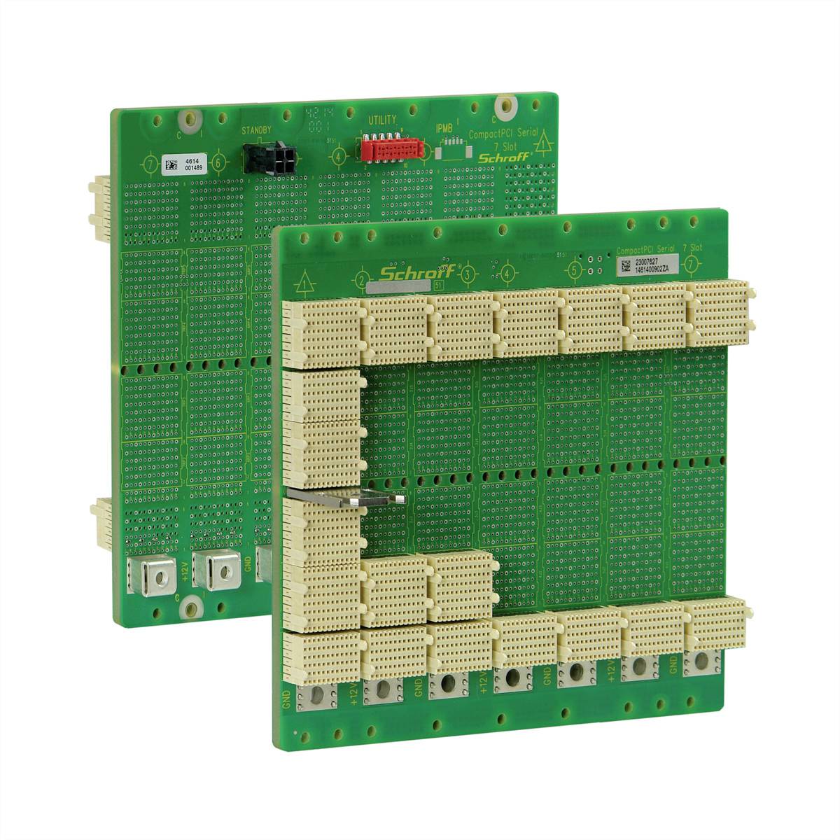Zwei grüne elektronische Leiterplatten mit mehreren Anschlüssen und Steckverbindungen. Label 'Schroff' ist auf der Vorderseite sichtbar.