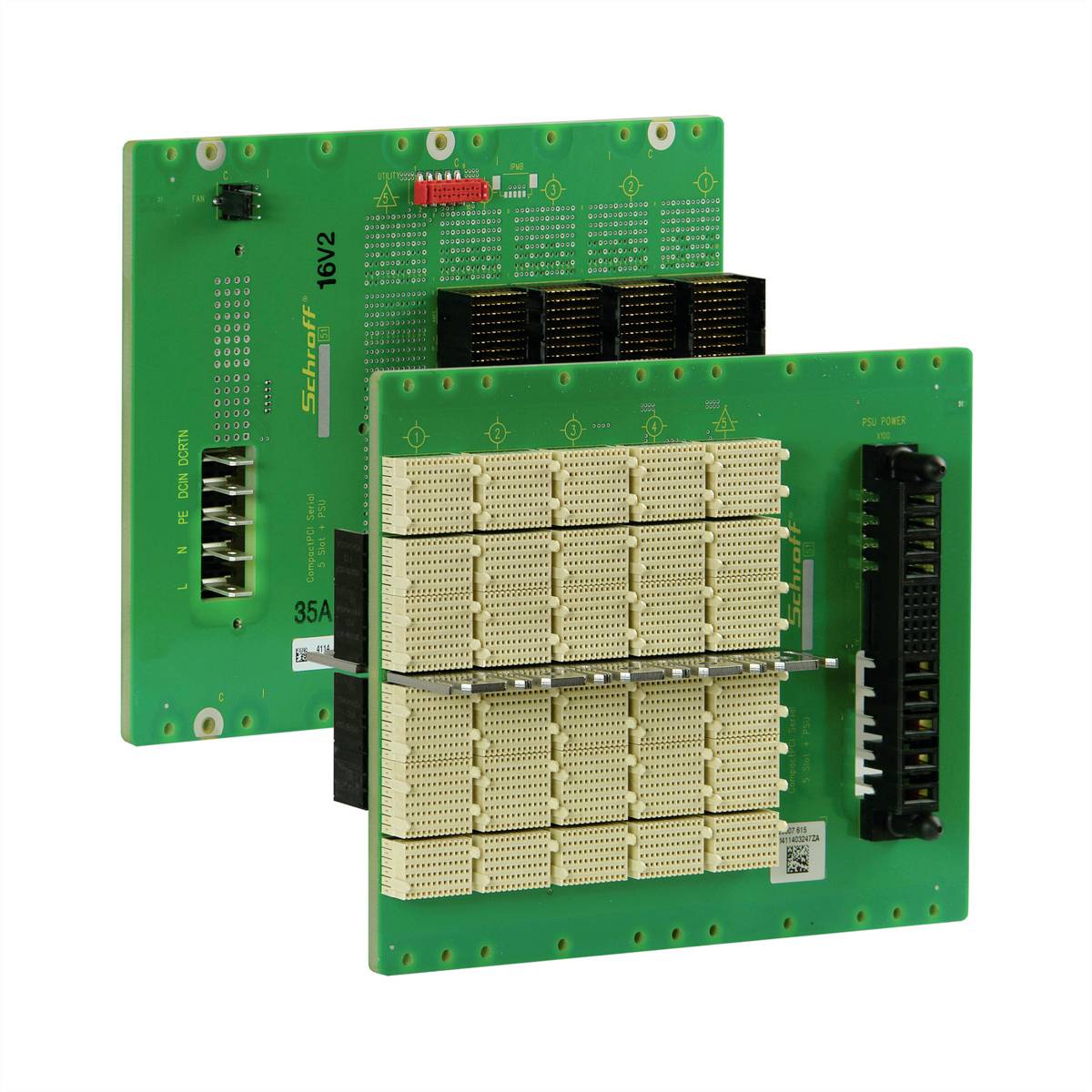 Zwei grüne elektronische Platinen mit Steckverbinder und Komponenten. Eine Platine hat ein Raster aus gelben Anschlüssen.