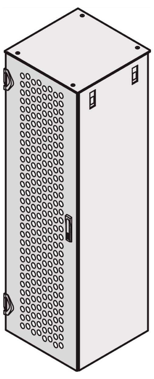 Ein rechteckiger, stehender Server-Schrank mit Belüftungsöffnungen an den Seiten und zwei Griffen.