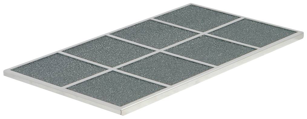 Ein rechteckiger Metallrahmen mit neun dunkelgrauen, strukturierten Feldern in einem 3x3-Rastermuster.