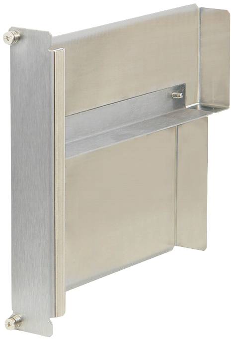 Rechteckige Metallwandhalterung in silberner Farbe mit minimalistischen Design, zur Unterstützung von strukturellen Elementen oder Geräten.